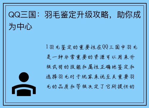 QQ三国：羽毛鉴定升级攻略，助你成为中心