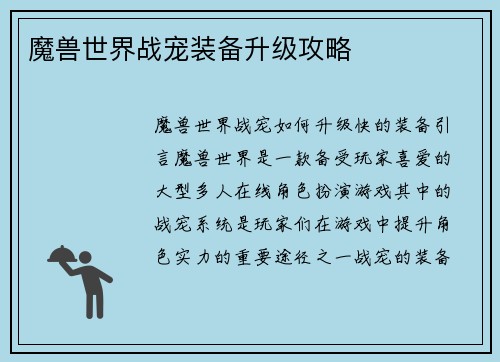 魔兽世界战宠装备升级攻略